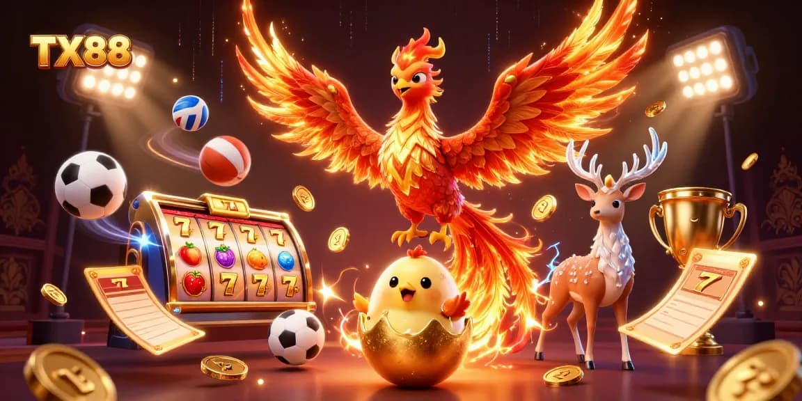 Bet on TX88 with vibrant slot and casino elements highlighted in a 3D illustration.