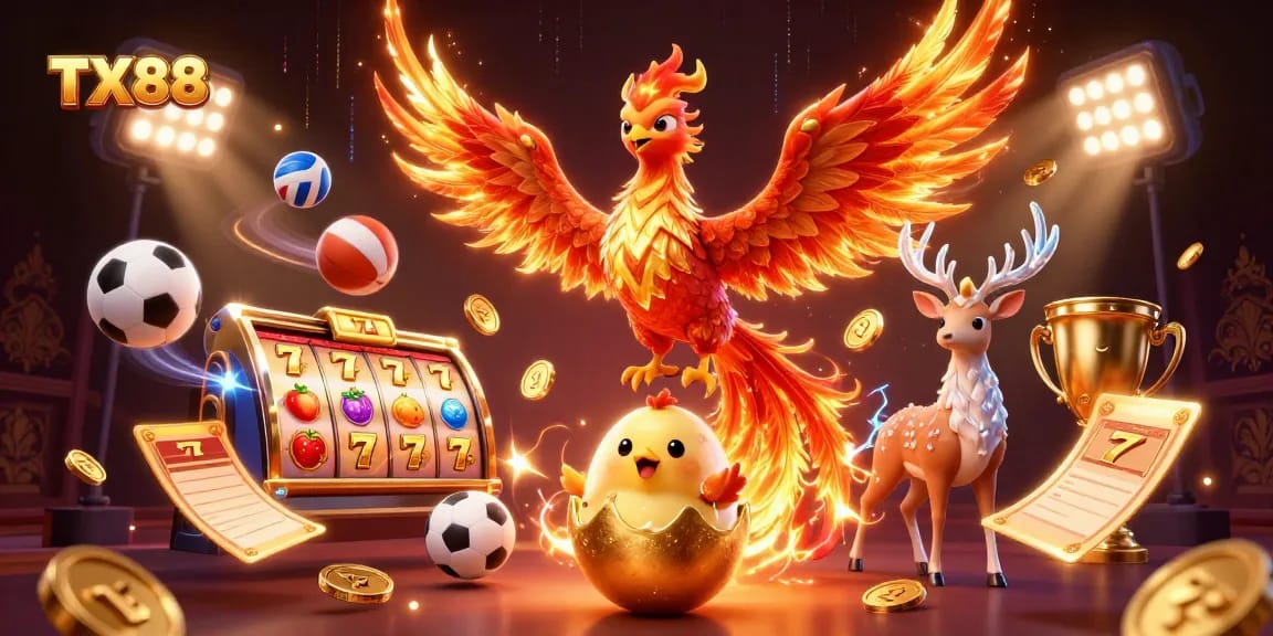 Bet on TX88 with vibrant slot and casino elements highlighted in a 3D illustration.