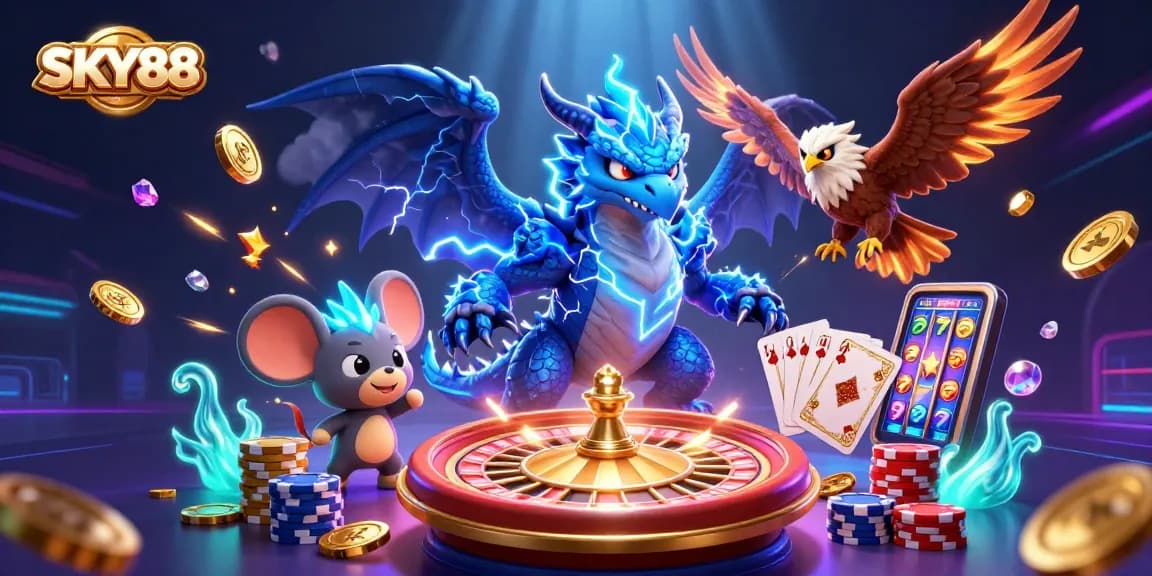 Experience the excitement of SKY88 with a thrilling casino scene featuring animated characters and game elements.