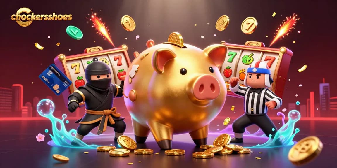 Experience the thrill of slots with chockersshoes! A dynamic 3D scene featuring a golden piggy bank sumo wrestler and vibrant casino elements.