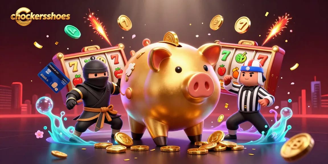 Experience the thrill of slots with chockersshoes! A dynamic 3D scene featuring a golden piggy bank sumo wrestler and vibrant casino elements.