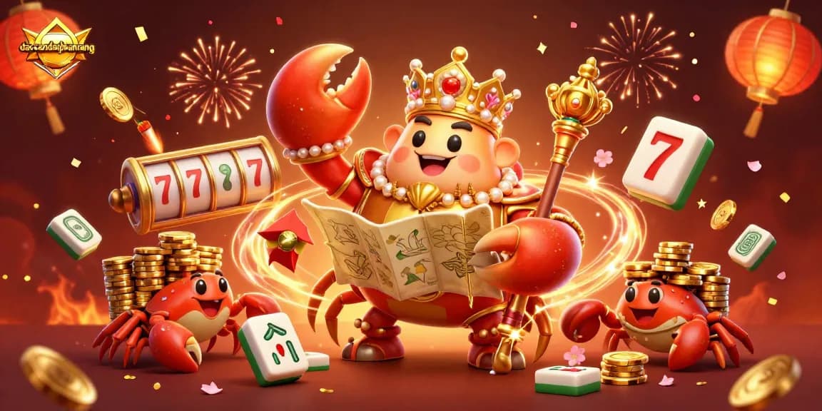 Spin the reels at dacsandatphanrang with a golden crab emperor amidst festive gambling elements.