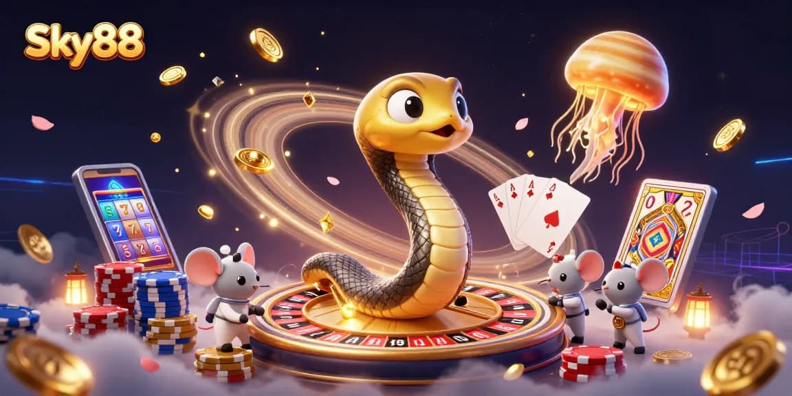 Experience thrilling bets at Sky88 with a cosmic casino scene featuring a roulette wheel and vibrant gaming elements.