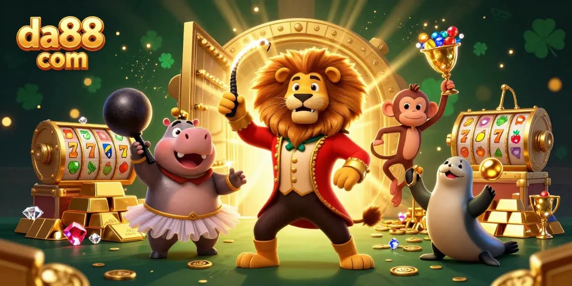 Spin the reels with the vibrant 3D circus characters at da88 com, featuring a ringmaster lion and dazzling casino elements.