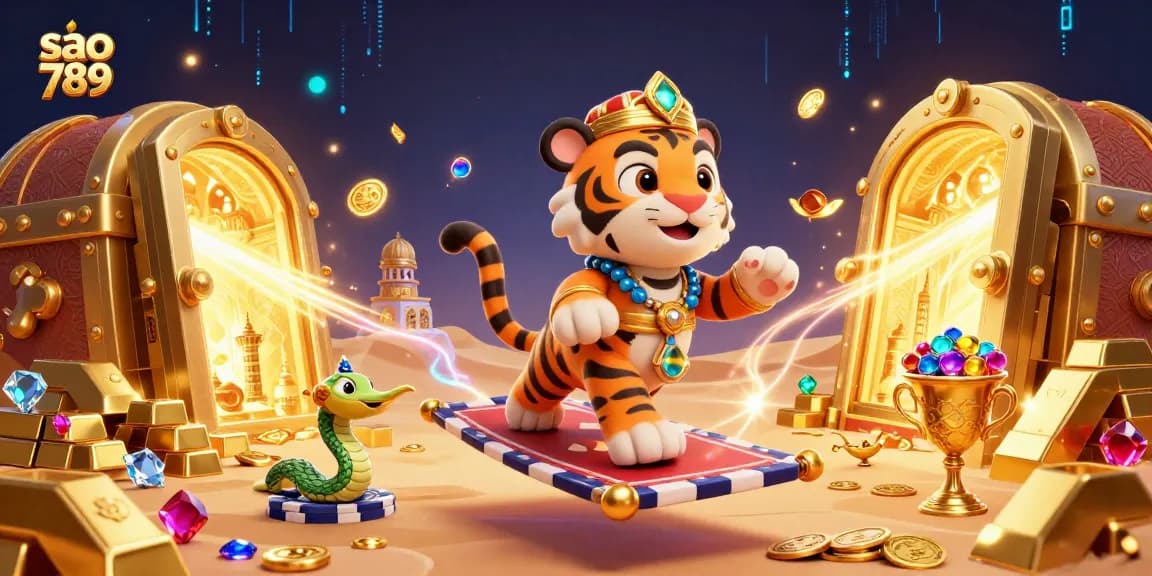 Spin and win with sao 789's vibrant casino scene featuring rich treasures and enchanting characters.
