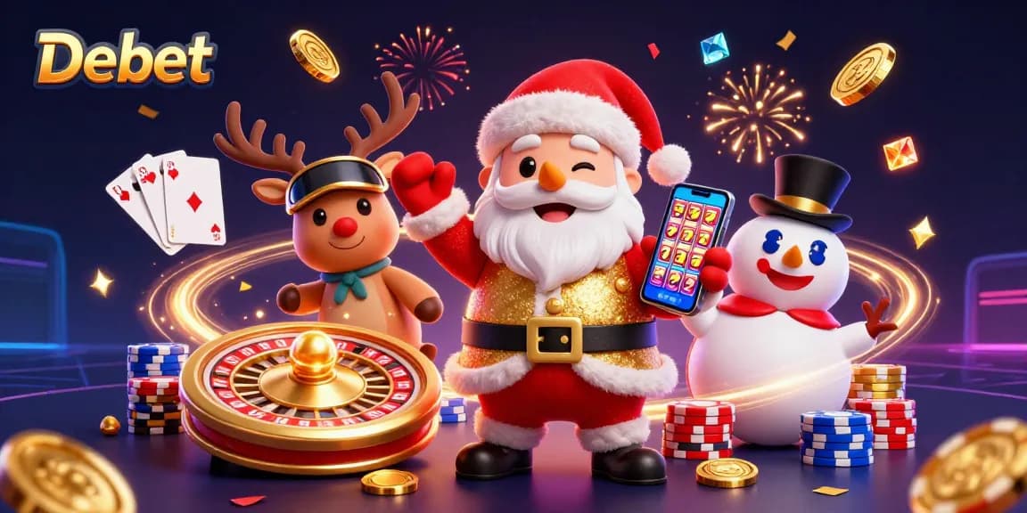 Debet showcases a thrilling casino scene with Santa, reindeer, and a snowman amid rich gaming elements.