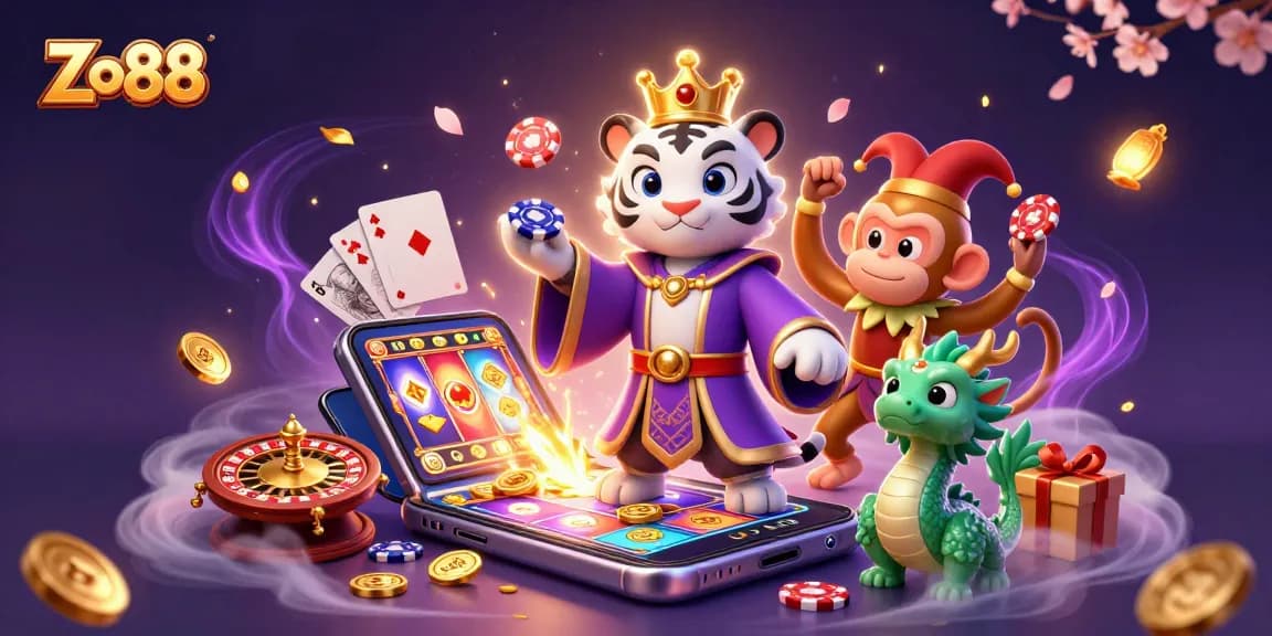 Engage in thrilling casino actions at Zo88 with an exquisite scene featuring a royal tiger, playful monkey, and jade dragon.
