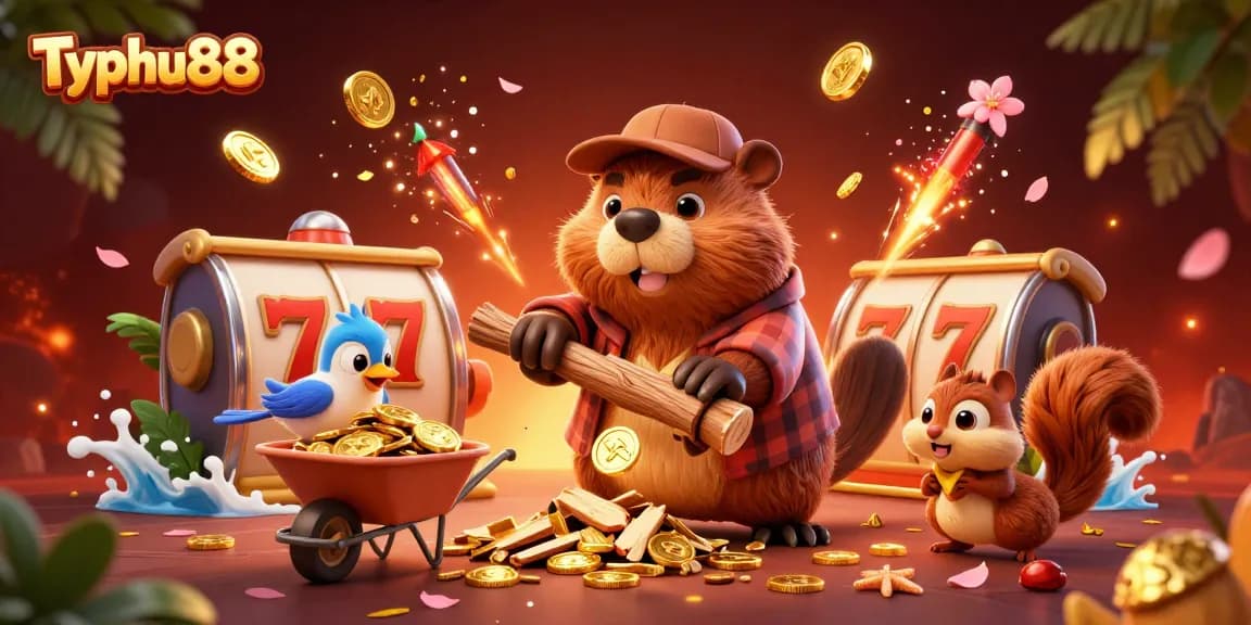 Experience excitement at Typhu88 with a vibrant scene of a playful beaver, coins, and slot elements.