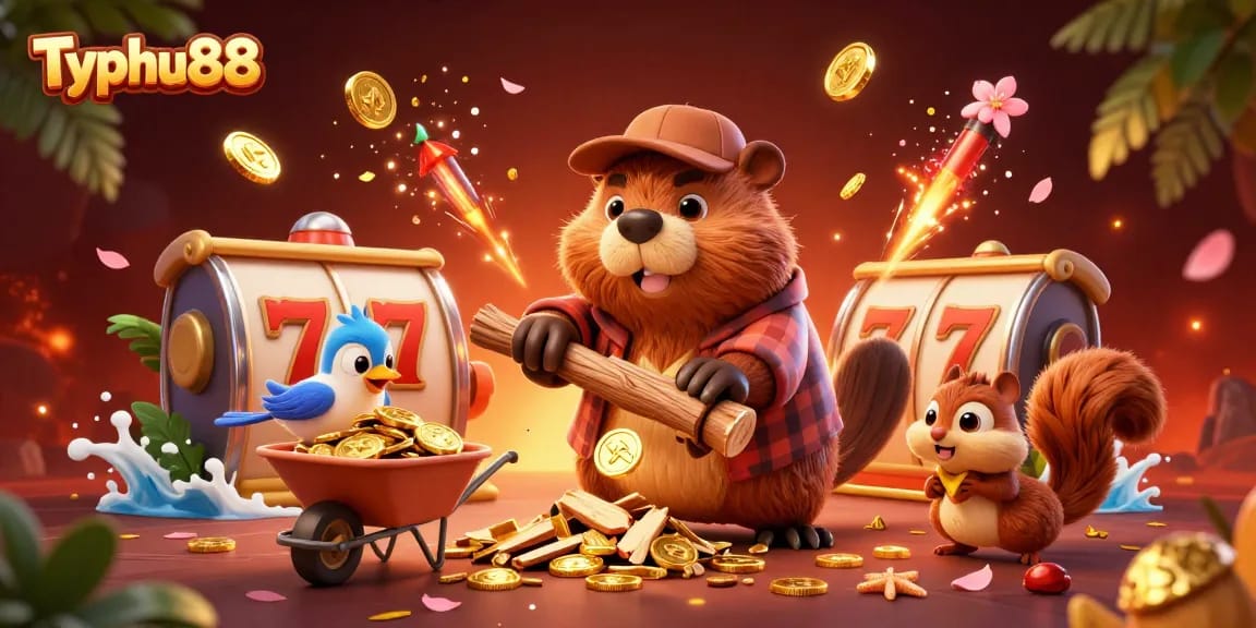 Experience excitement at Typhu88 with a vibrant scene of a playful beaver, coins, and slot elements.