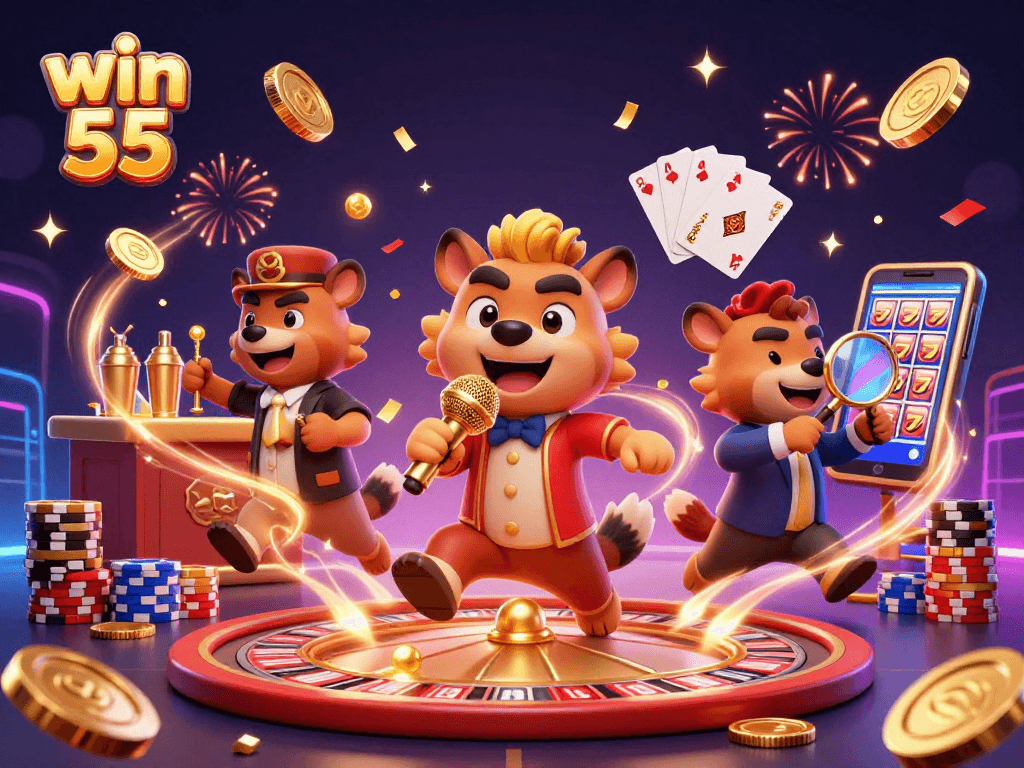Experience the excitement of win 55 with lively hyenas in a comedic casino scene.