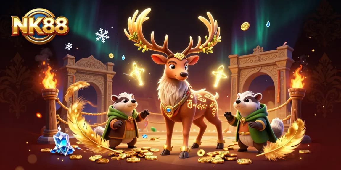 NK88 showcases a vibrant casino scene with a druid stag and badger amidst gambling elements.