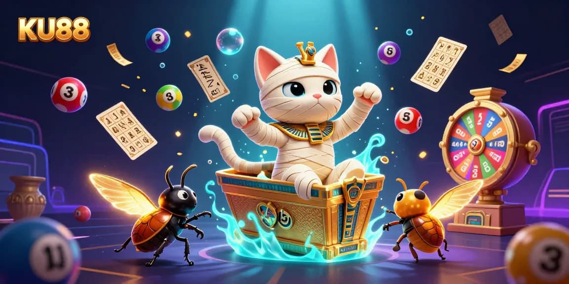 Experience thrilling games at KU88 with vibrant, dynamic casino elements bursting from a pyramid.