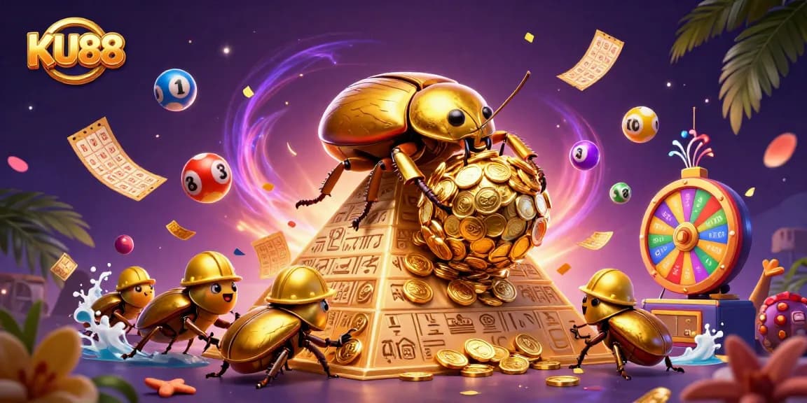 Engage with the exciting KU88 casino experience, featuring a dynamic scene with golden beetles and vibrant lottery elements.