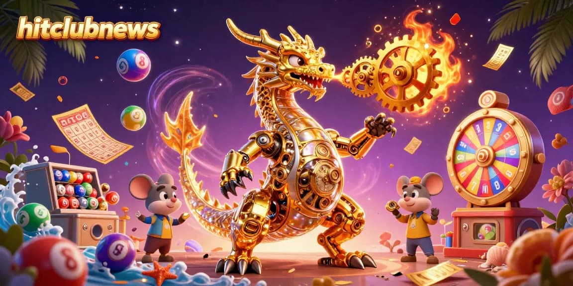 Hitclubnews showcases a thrilling casino experience with a golden dragon exhaling gears amidst vibrant gambling elements.