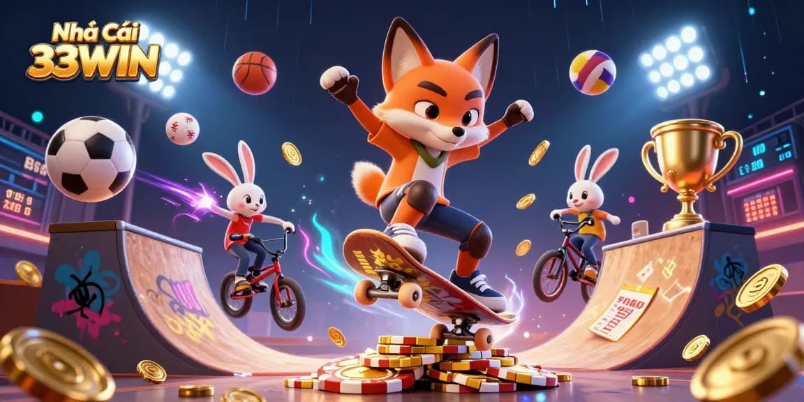 Experience thrilling gaming at Nhà cái 33WIN with dynamic casino symbols and vibrant characters.