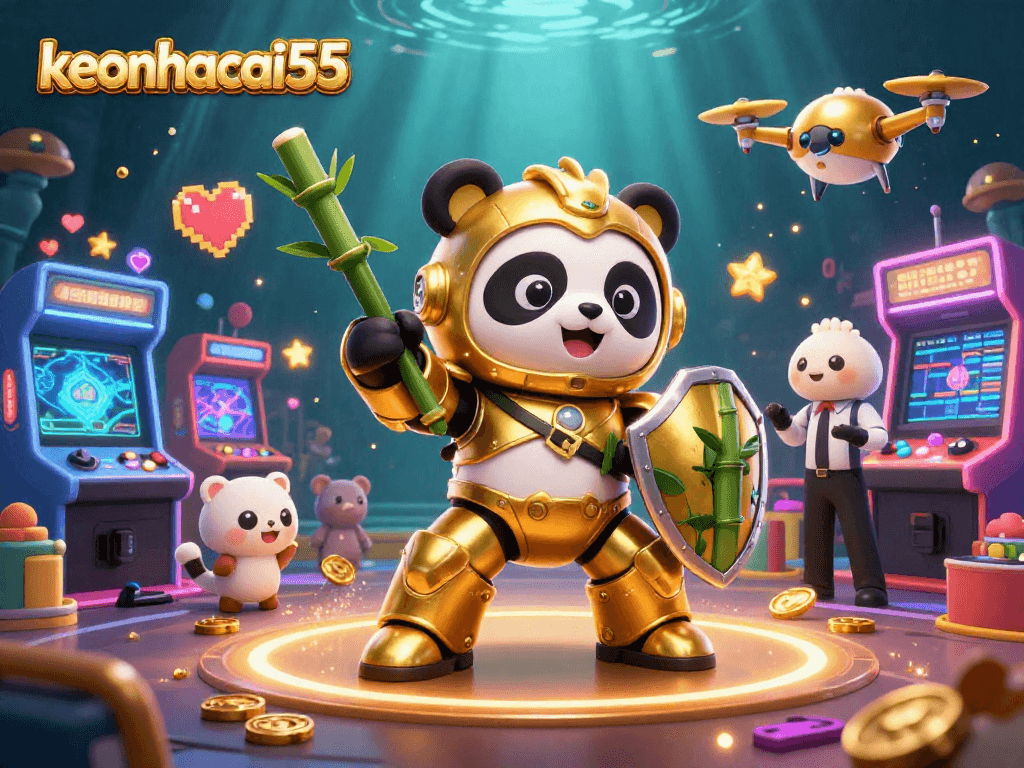 Engage with keonhacai55 in an exciting 3D gaming scene featuring dynamic arcade elements and vibrant characters!