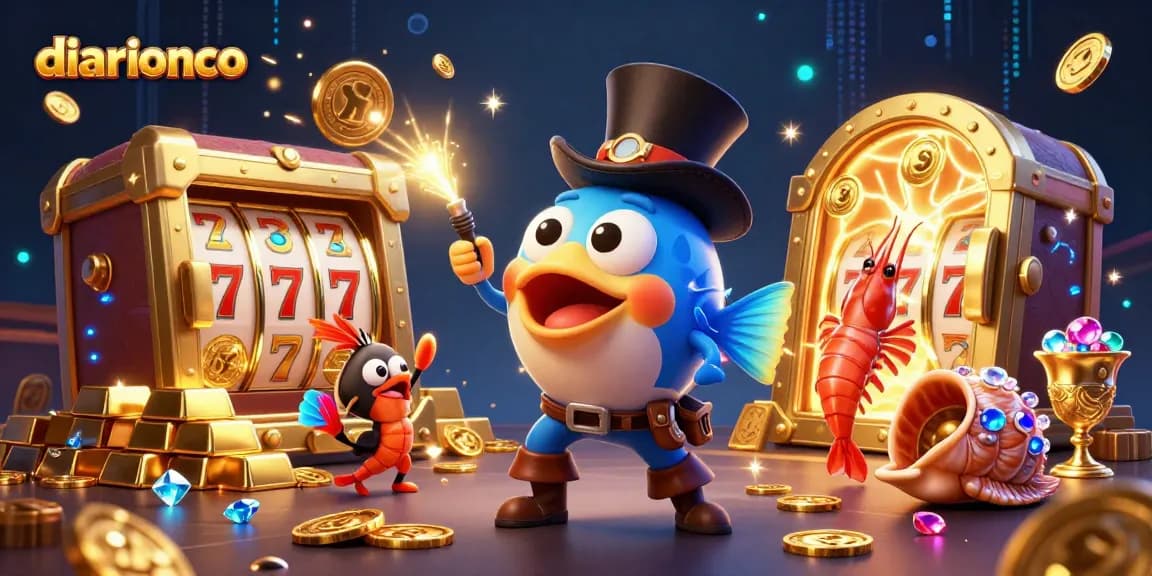 Dive into the excitement at diarionco with a lively casino-themed illustration featuring playful characters and treasures.