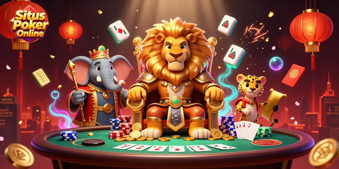 Situs Poker Online: Engage in thrilling poker action with a lion king and vibrant casino elements