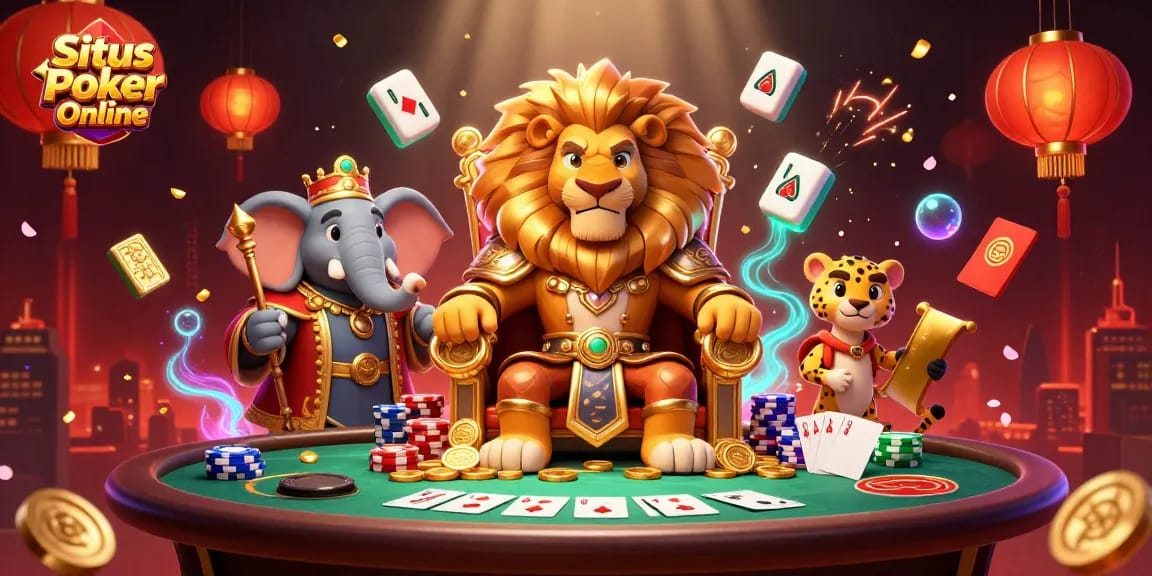 Situs Poker Online: Engage in thrilling poker action with a lion king and vibrant casino elements