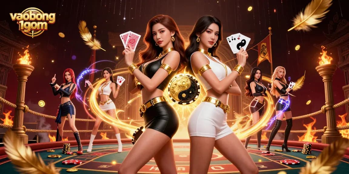 Experience the thrill of vaobong 1gom with striking Asian women showcasing powerful playing cards amid dynamic betting symbols.