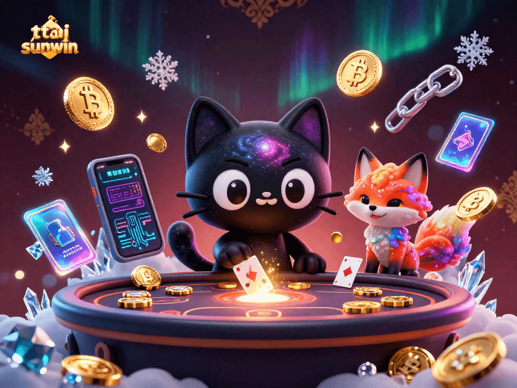 Play at tải sunwin with a cartoon black hole cat and nebula fox in a cosmic casino scene.