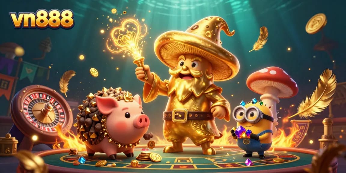 Experience thrilling games at vn888 with an enchanting golden wizard and mesmerizing treasure collection.