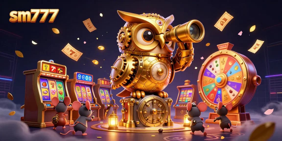 Experience thrilling gameplay with sm777's dynamic slot machines and casino elements in this vibrant illustration.