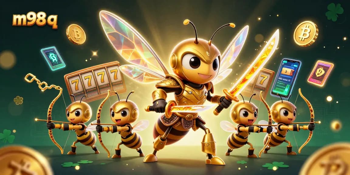 Experience the thrill of m98 q with a vibrant casino-themed 3D illustration showcasing slot reels and crypto elements.