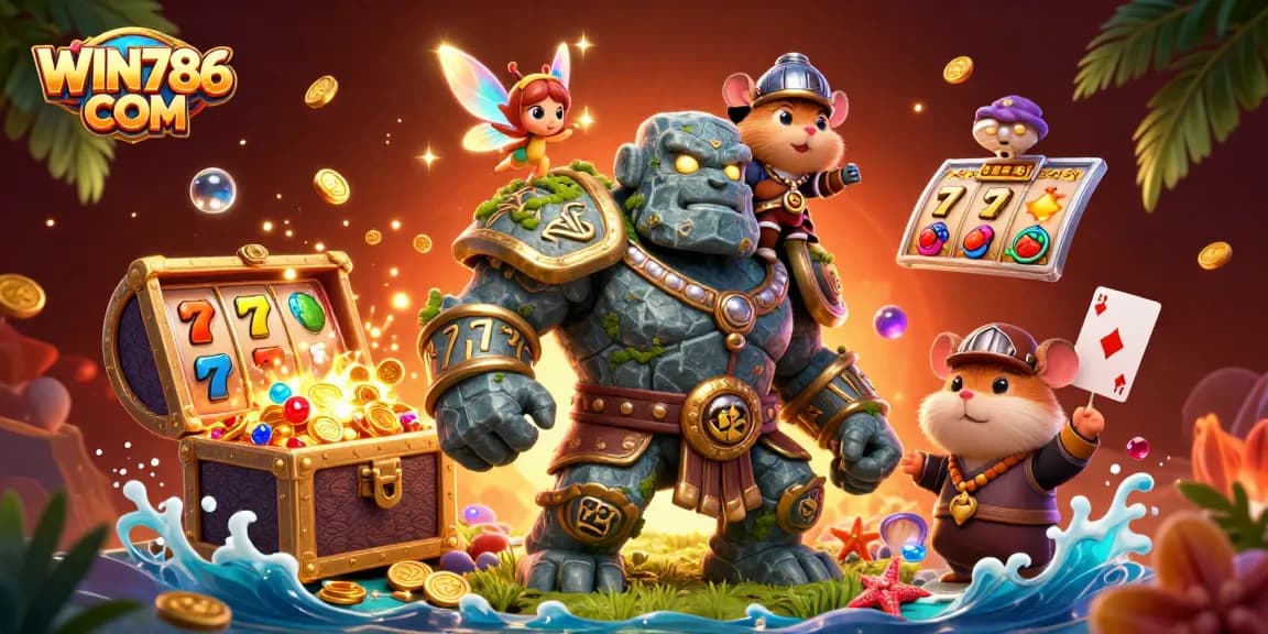 Experience thrilling gameplay at WIN786 COM with dynamic gaming characters amidst treasure and vibrant casino elements.