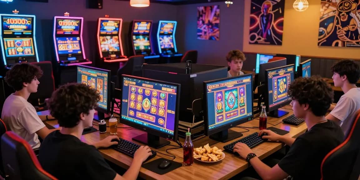 Youth enjoying situs slot deposit 10 ribu on mobile devices in vibrant gaming atmosphere
