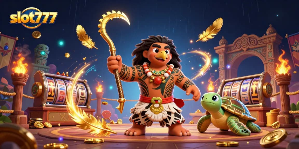 Spin the reels and win big with slot777, featuring vibrant Polynesian-themed characters and dynamic casino elements.