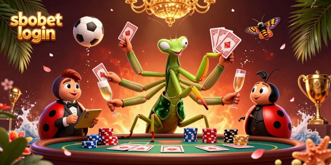 Experience sbobet login with a lively illustration showing a giant mantis card sharp amidst dynamic sports betting elements.