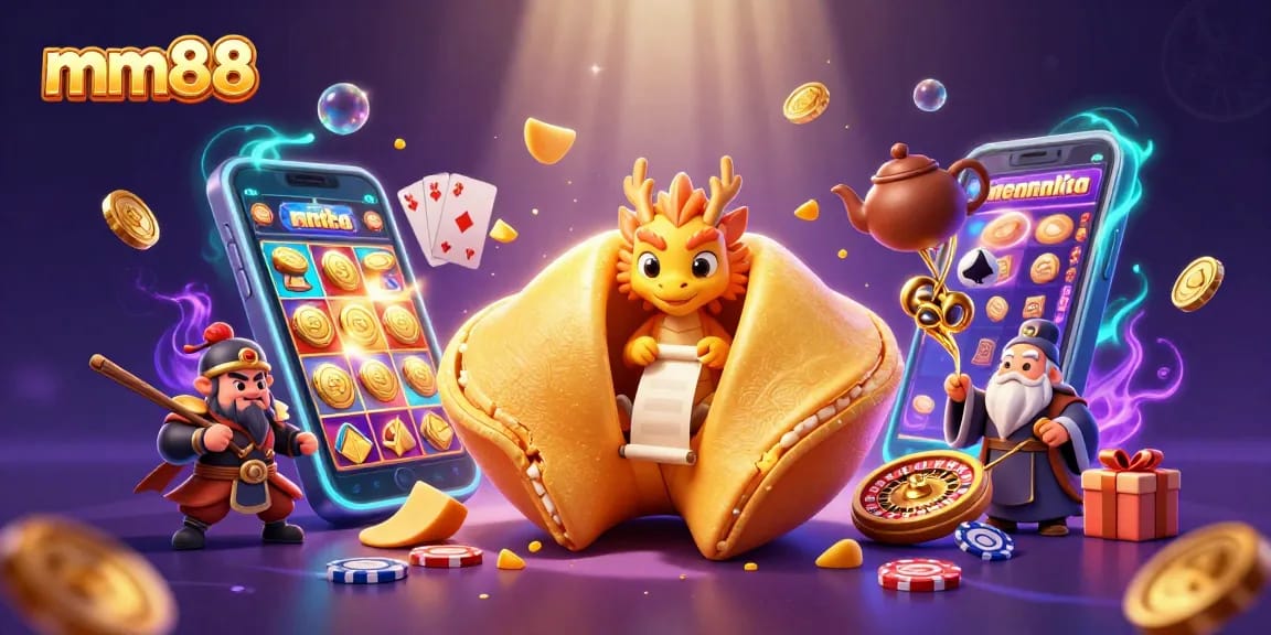 Experience the excitement of mm88 with a dynamic casino scene featuring a golden fortune cookie and vibrant gaming elements.