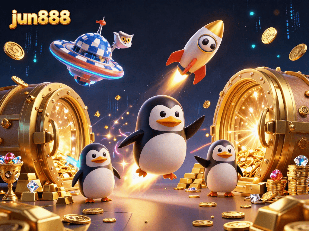 Experience the thrill of jun888 with a vibrant 3D scene of a golden penguin and casino treasures.