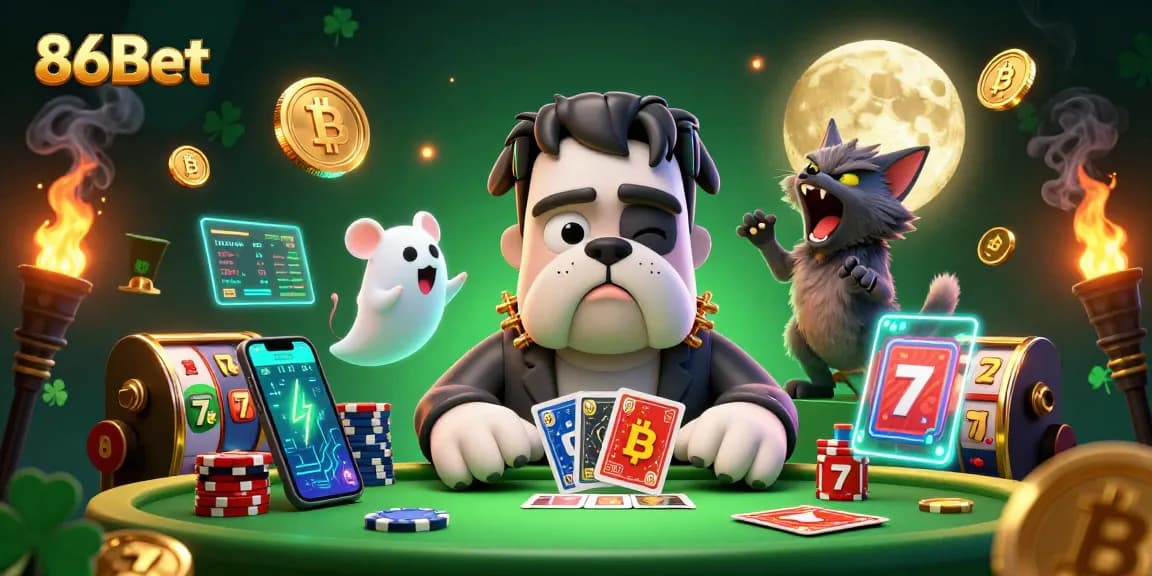Engage with 86Bet in a vibrant, interactive casino scene featuring a 3D bulldog dealer and a jackpot atmosphere.