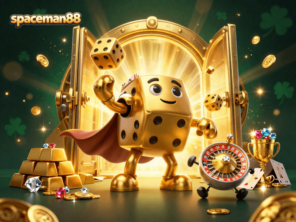 Experience thrilling wins with spaceman88 in this captivating casino scene filled with golden treasures.