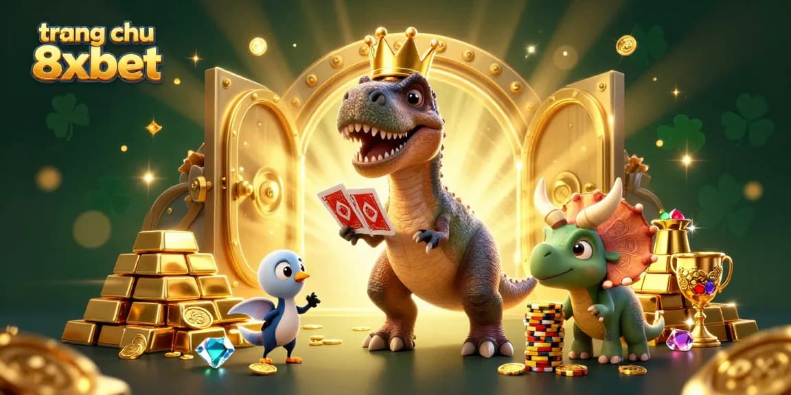 Experience excitement at trang chu 8xbet with friendly T-Rex shuffling cards and vibrant casino treasures.