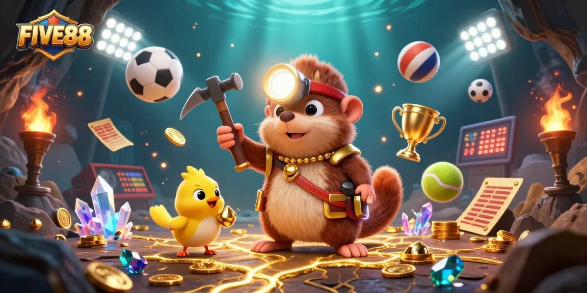 Experience the thrill of FIVE88 as a treasure hunter mole uncovers riches amidst vibrant gambling elements.
