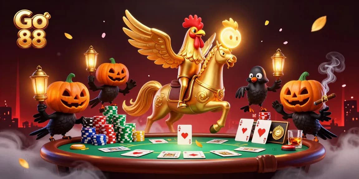 Experience thrilling gameplay at Go 88 Casino with 3D art of magical creatures amid poker excitement.