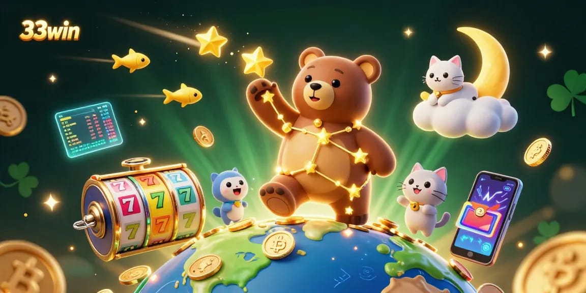 Experience the thrill at 33win with vivid slot reels and golden coins in a vibrant digital illustration.
