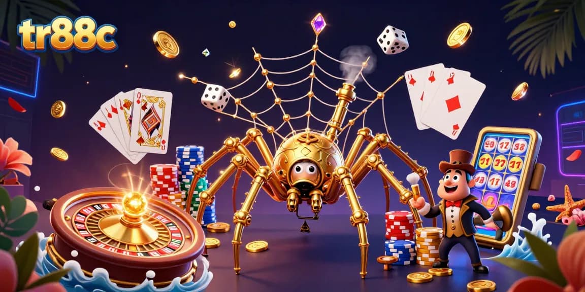 tr88c showcases a vivid steampunk spider web filled with gambling elements, enhancing casino excitement.