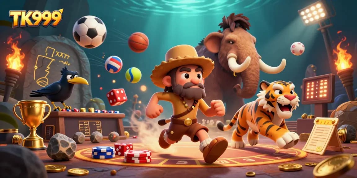 Experience the excitement of TK999 with cartoon characters in a dynamic gambling scene.