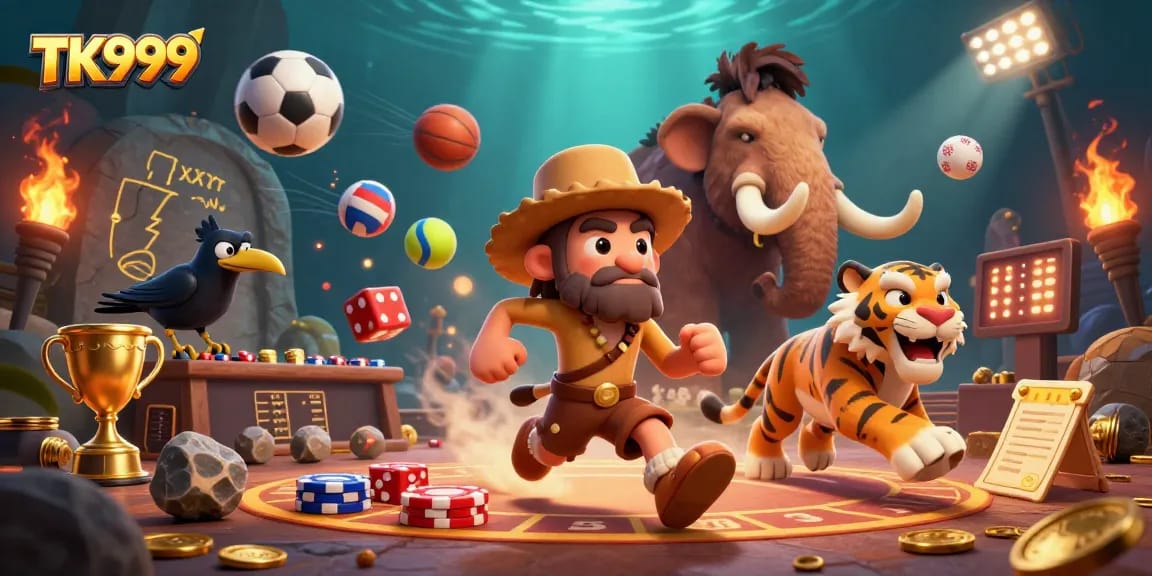 Experience the excitement of TK999 with cartoon characters in a dynamic gambling scene.