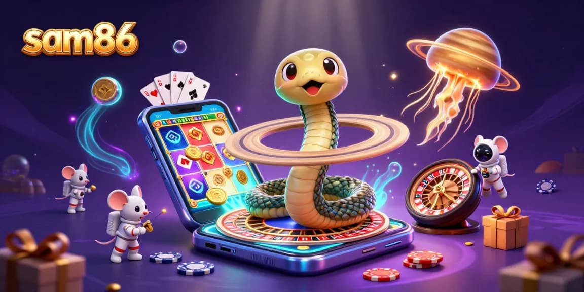 Experience the excitement of sam86 with a cosmic casino scene featuring a roulette ring snake and betting astronaut mice.