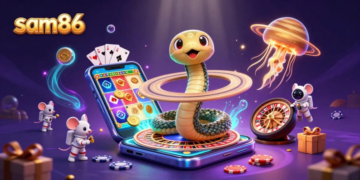 Experience the excitement of sam86 with a cosmic casino scene featuring a roulette ring snake and betting astronaut mice.