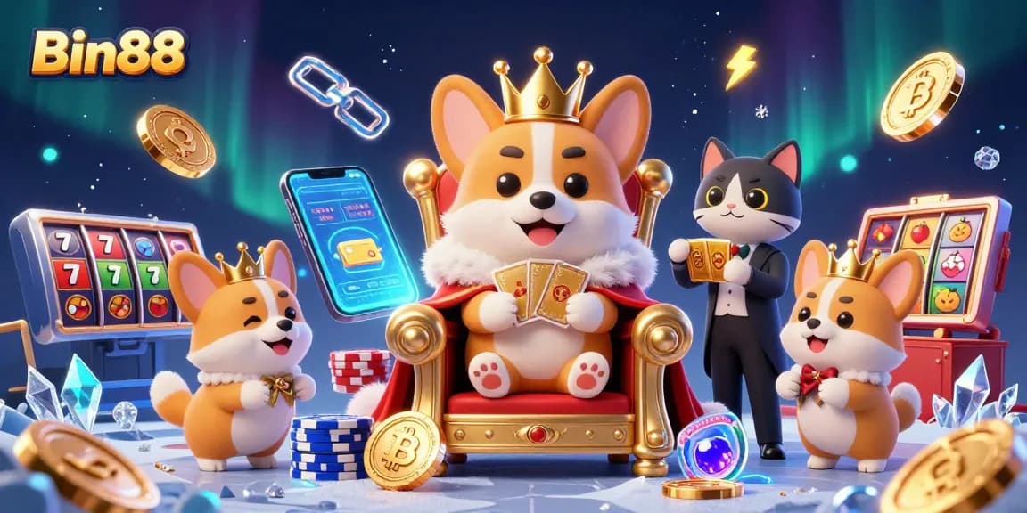 Experience the thrill of Bin88 with a royal corgi on a throne of poker chips amidst vibrant casino elements.