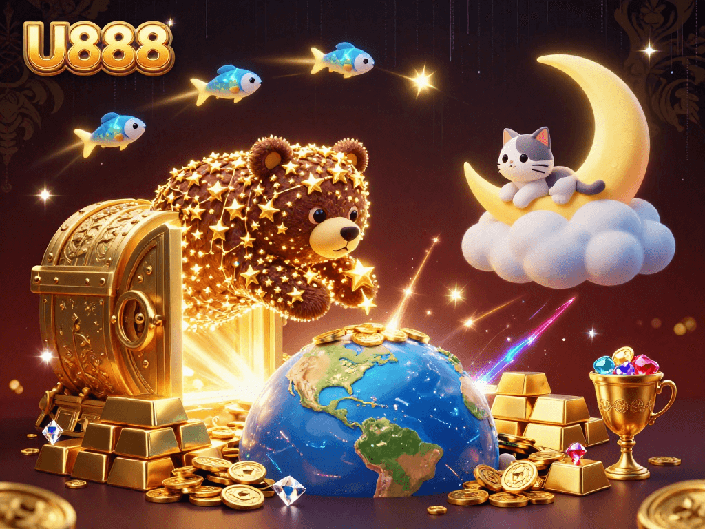 Engage in thrilling U888 gaming adventures as celestial characters scoop coins from treasure vaults amidst vibrant lights.