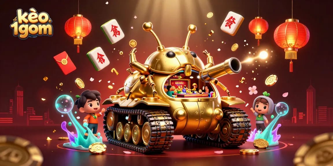 Experience kèo 1gom with a vibrant 3D casino scene filled with dynamic characters and festive elements.