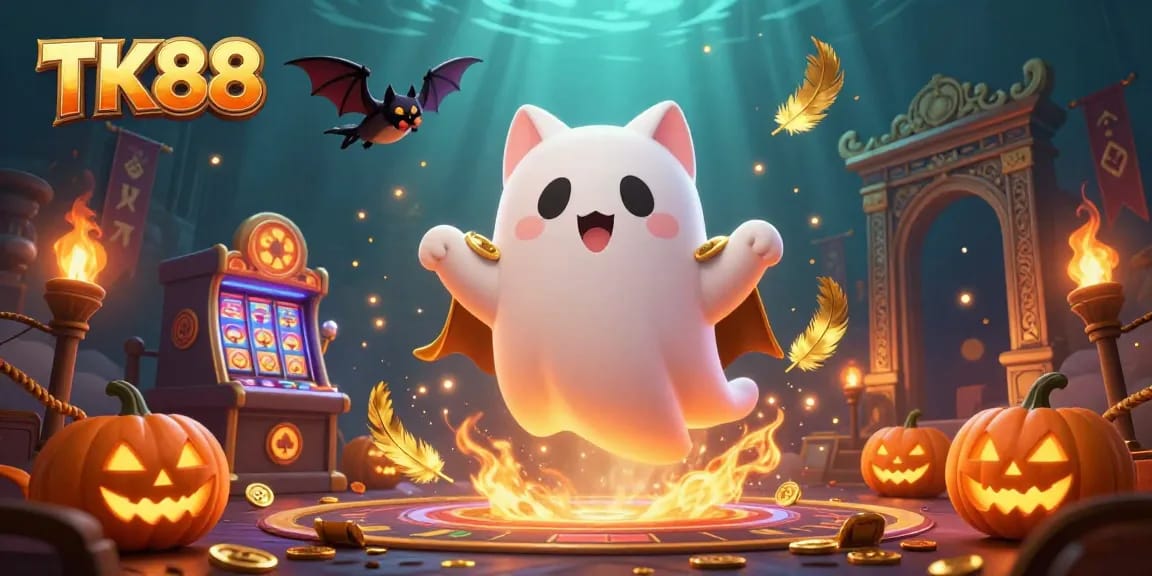 Experience thrilling moments at TK88, where a friendly ghost cat and bat bring luck among glowing casino elements.