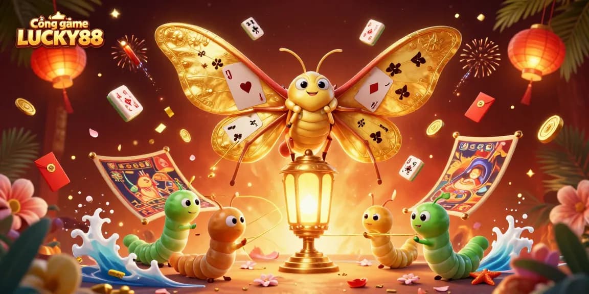 Engage with Cổng game LUCKY88 in a vibrant casino world filled with animated characters and classic gaming elements.